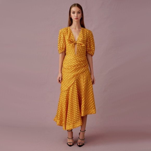 NWOT Keepsake mustard dot print ruched midi dress